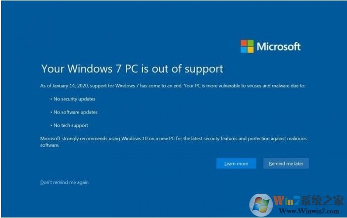 Win7結(jié)束支持后催促升級Win10全屏警告圖片曝光！有點像藍屏